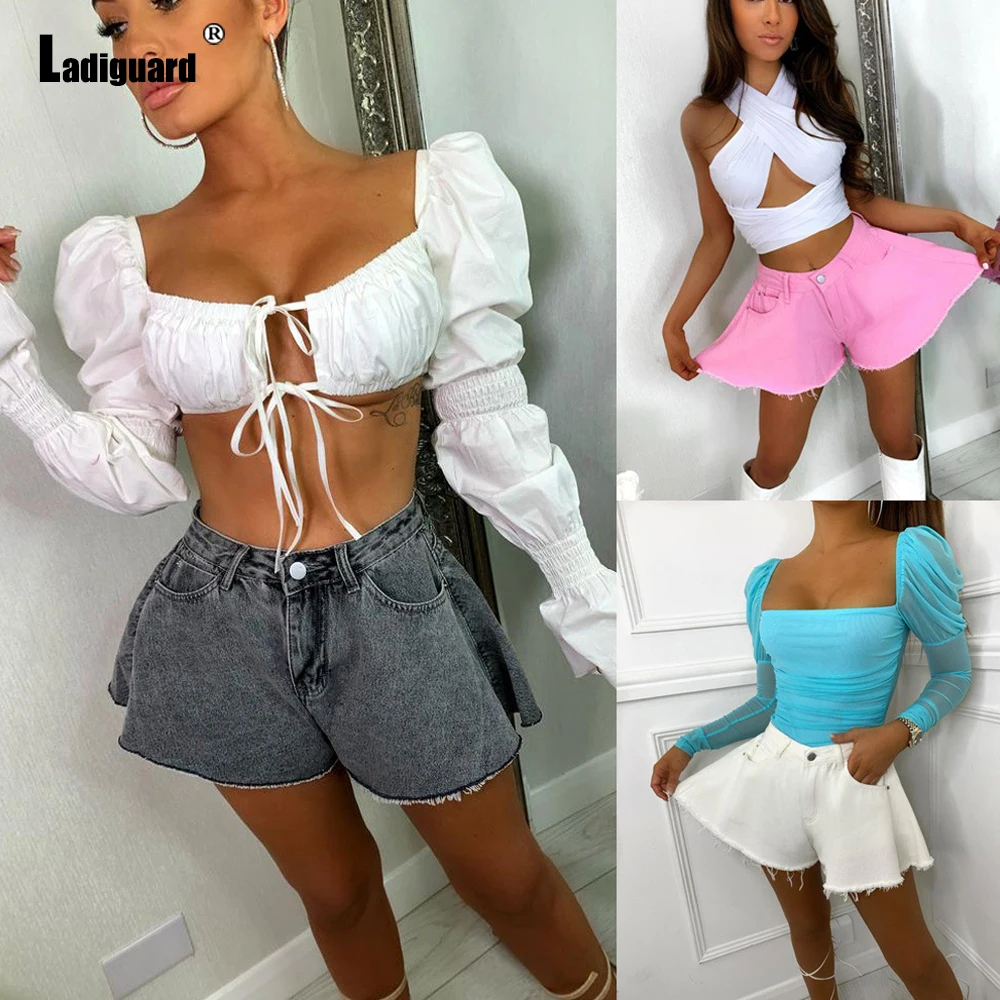 Ladiguard 2022 Sexy denim shorts High Cut Women Fashion Wide Leg Short Jeans Zipper Pocket Trouser Loose Vintage Ripped hotpants