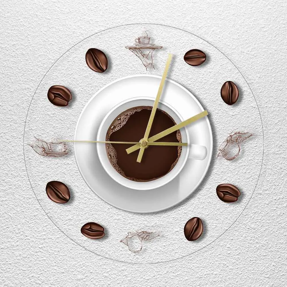 Coffee Hand Drawing illustration Kitchen Wall Clock Modern Print Clock Minimalist Acrylic Wall Watch