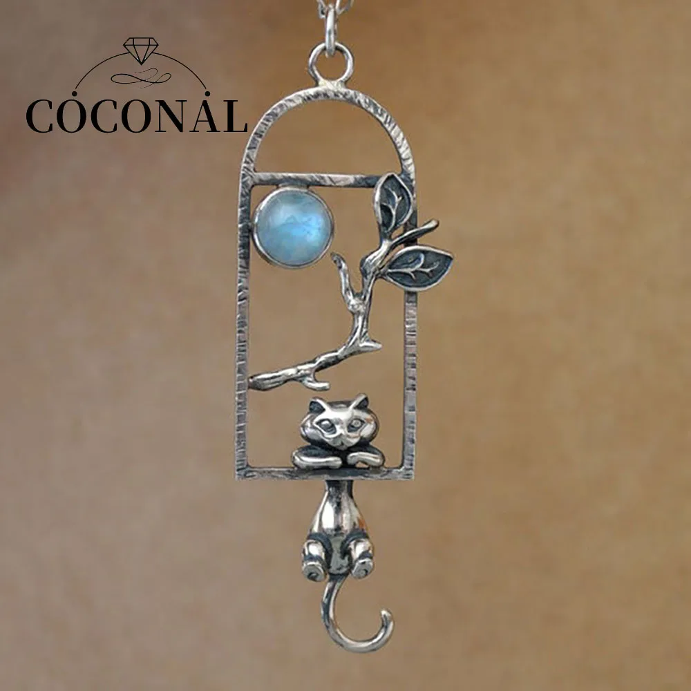 

Cute Women Man Neck Pendants Silver Color Window Moonstone Cat Branches Pendant Charms For Making Jewelry Accessories DIY