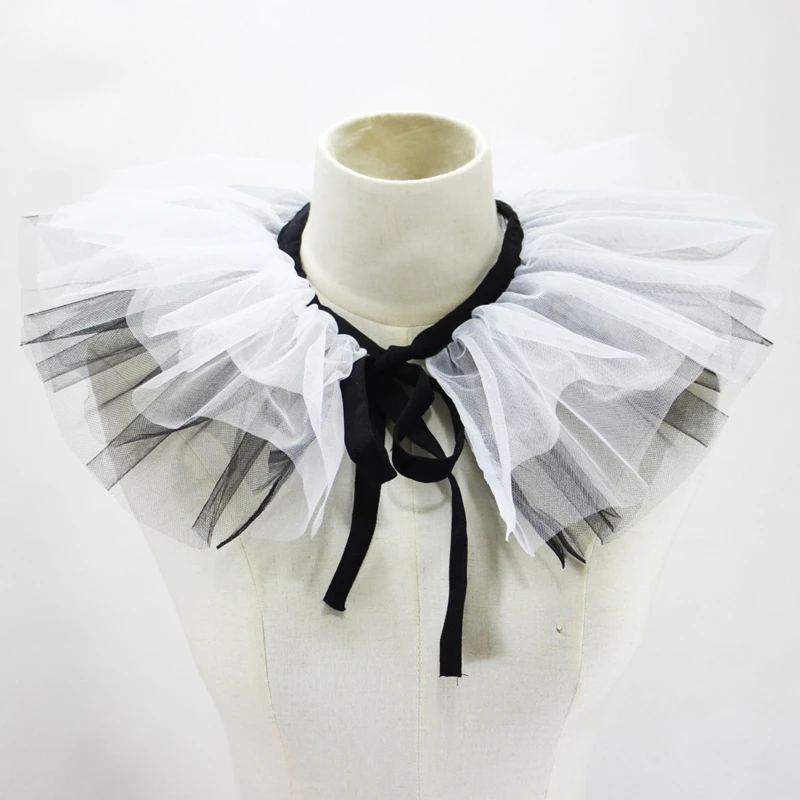 Women Renaissance Tulle Ruffled Fake Collar Layered Mesh Clown Choker Lace-Up Ribbon Victorian Neck Ruff Shawl Cosplay Props