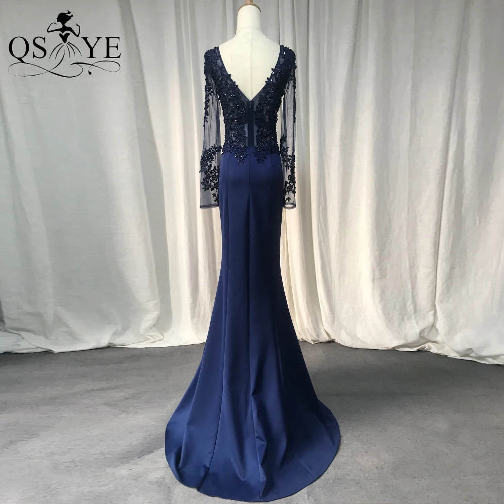 Qsyye Marine Ballkleid lange Ärmel dehnbare Meerjungfrau Applikationen Spitze Frauen formelle Party kleid elegant V-Ausschnitt dunkel blau Abendkleid