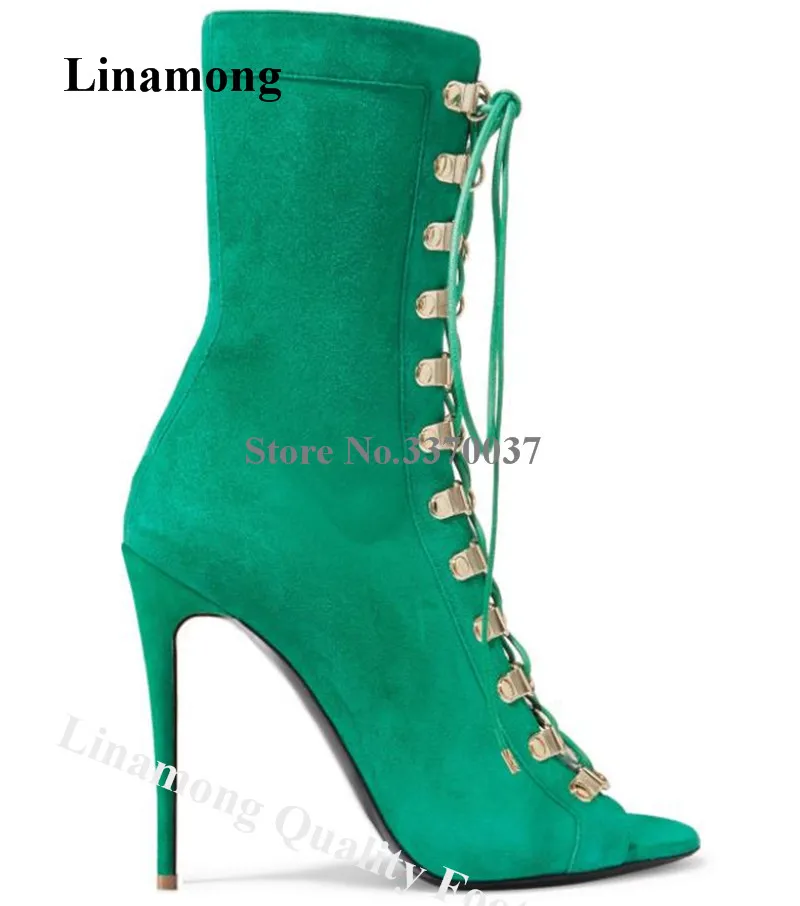 Linamong Elegant Peep Toe Suede Stiletto Heel Short Boots Green Brown Metal Buckles Lace-up Ankle Booties Big Size Heels