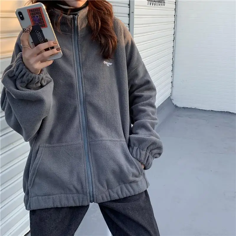 Harajuku mulher zip-up hoodies além de veludo velo quente inverno camisolas jaqueta casual solto gola oversized hoodie