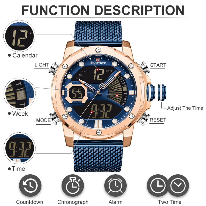 NAVIFORCE Men\'s Watch Fashion Bussiness Stainless Steel Waterproof Digital Quartz Wristwatches Original Sports Chronograph Male