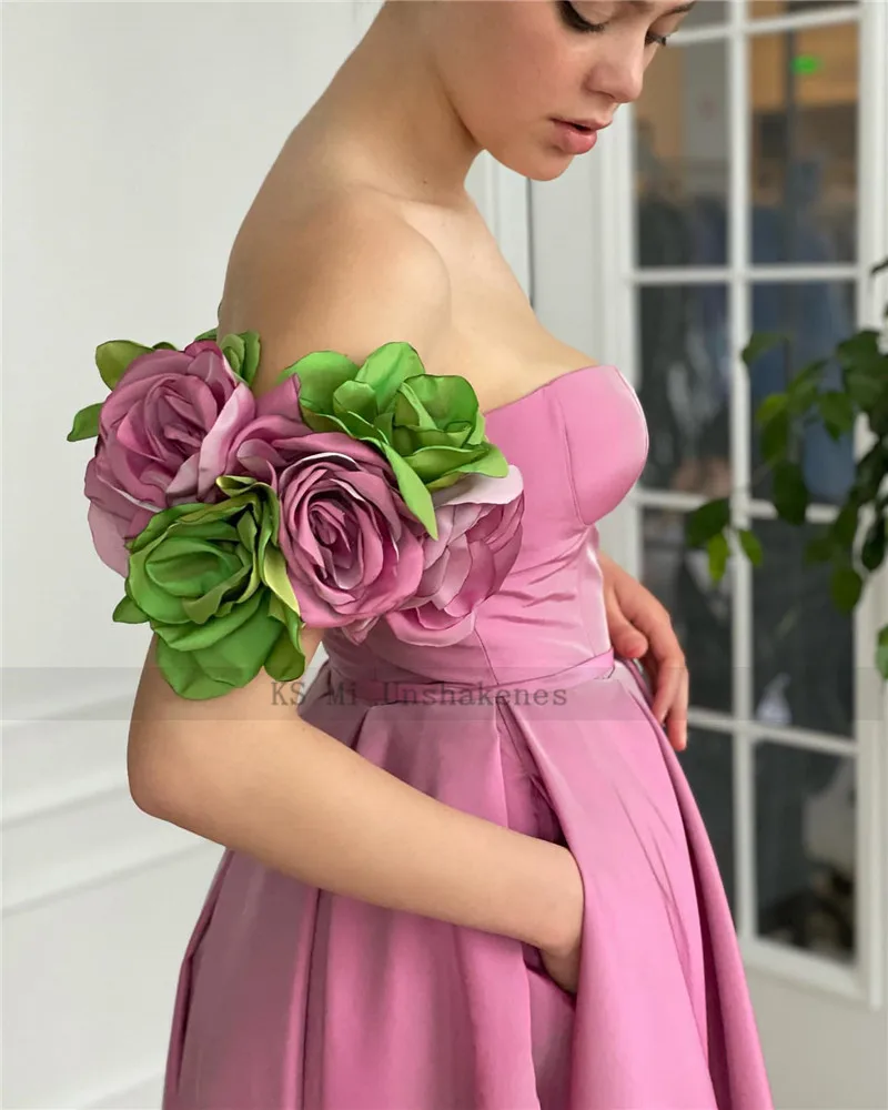 Modest Short Prom Dresses Pink Cap Sleeves Handmade Green Flowers Arabic Evening Wedding Party Gowns 2021 Graduation Dress