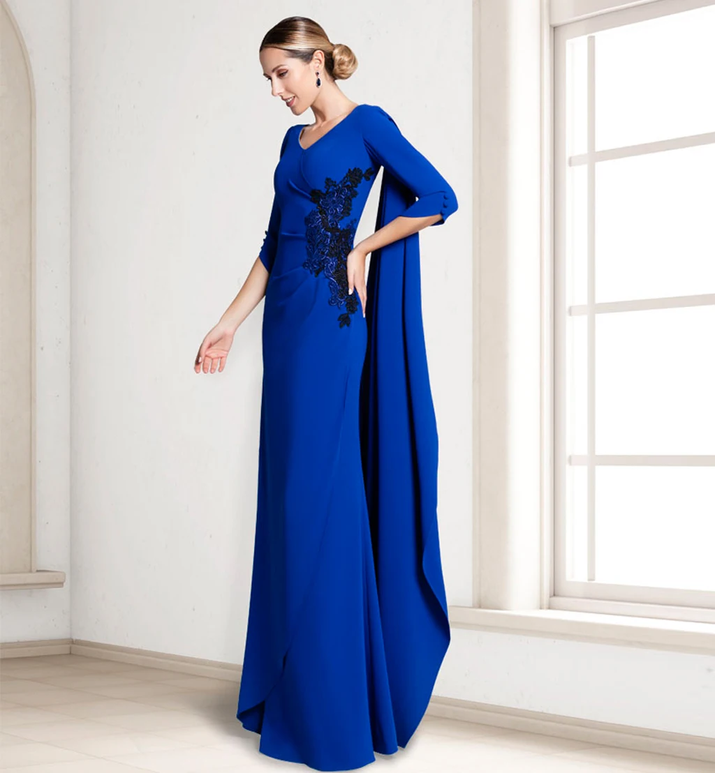 V-Neck Half Sleeve Prom Dresses Royal Blue Elastic Satin Sheath Floor Length Evening Gowns Dress Formal