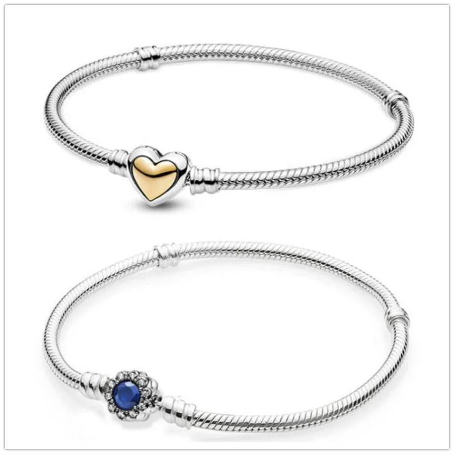 

Authentic 925 Sterling Silver Domed Golden Heart Clasp Snake Chain Bracelet Bangle Fit Women Bead Charm pandora Jewelry