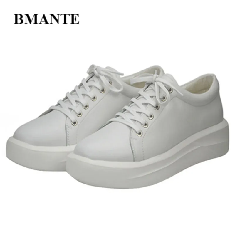 Bmante Genuine Leather Men Shoes Lace-Up Flats Solid White Black Spring Sneaker Thick Bottom Trainers Summer Male Adult Shoes