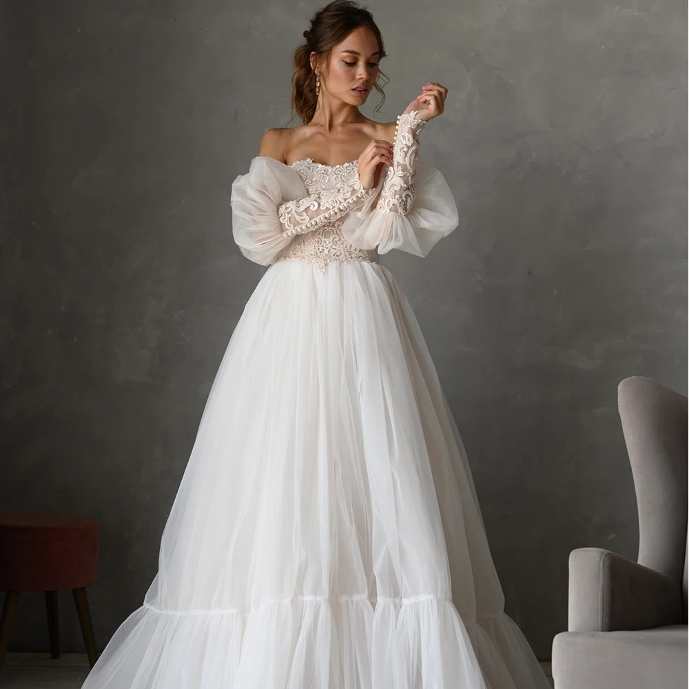 Beteau Puff Sleeves Ball Gown customized Sweet Backless Beading Applique Sweep Train Lace Wedding Dresses Vestido De Novia