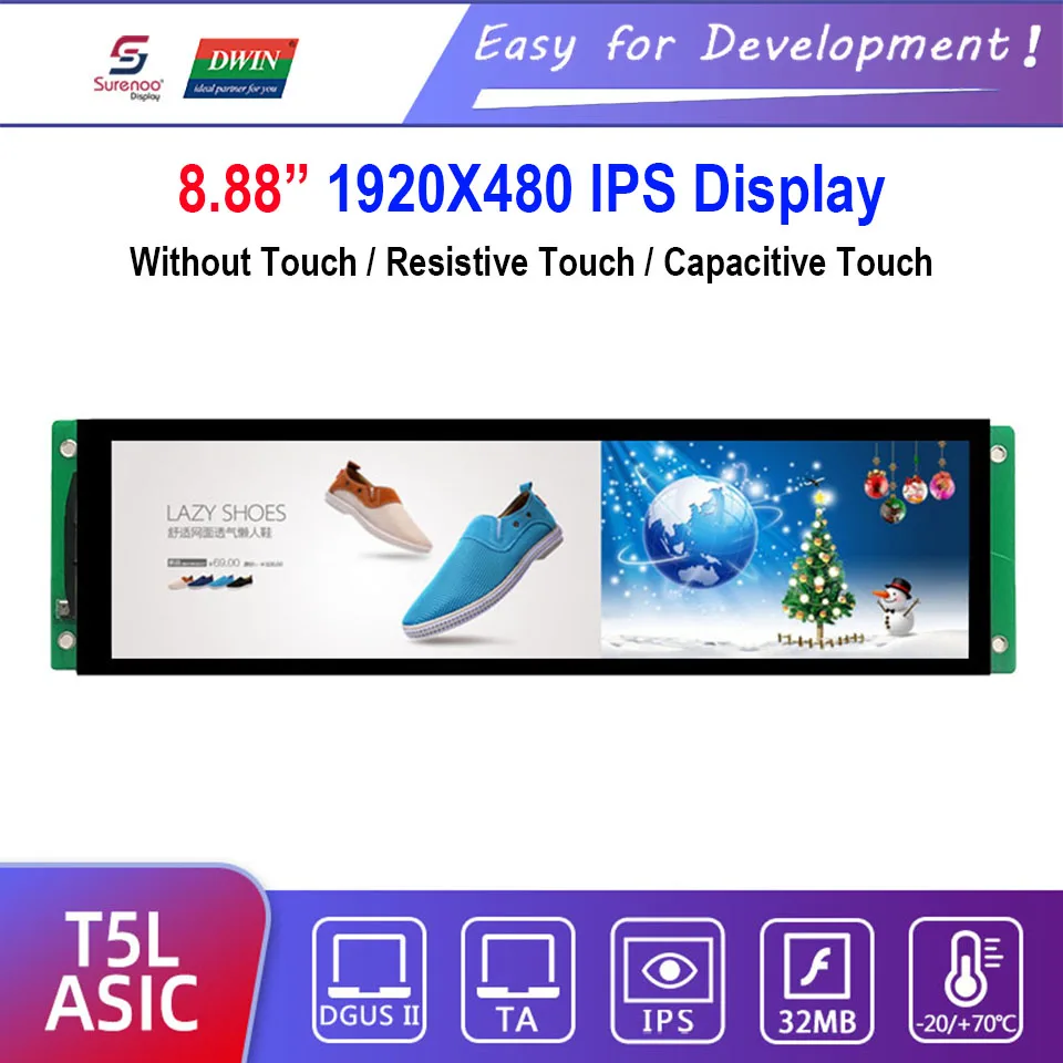 

Dwin T5L HMI Intelligent Display, DMG19480C088_03W 8.88" IPS 1920X480 LCD Module Screen Resistive Capacitive Touch Panel