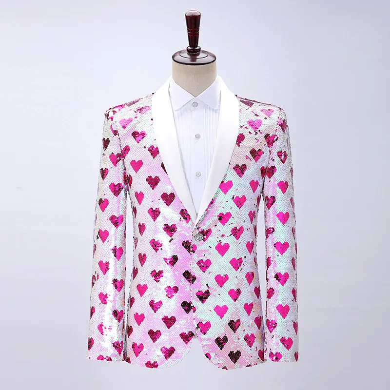 Shining Heart Pattern Double Side Sequin Tuxedo Blazer Men's Shawl Lapel Party Wedding Groom Suit Jacket Singer Stage Costume