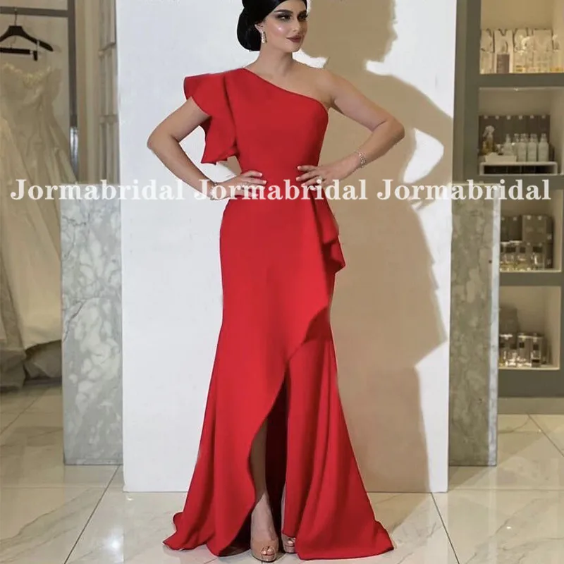 

One Shoulder Red Front Split Evening Dress Asymmetrical Stretch Satin Women Runway Party Dress Celebrity Night Formal Gowns 2022