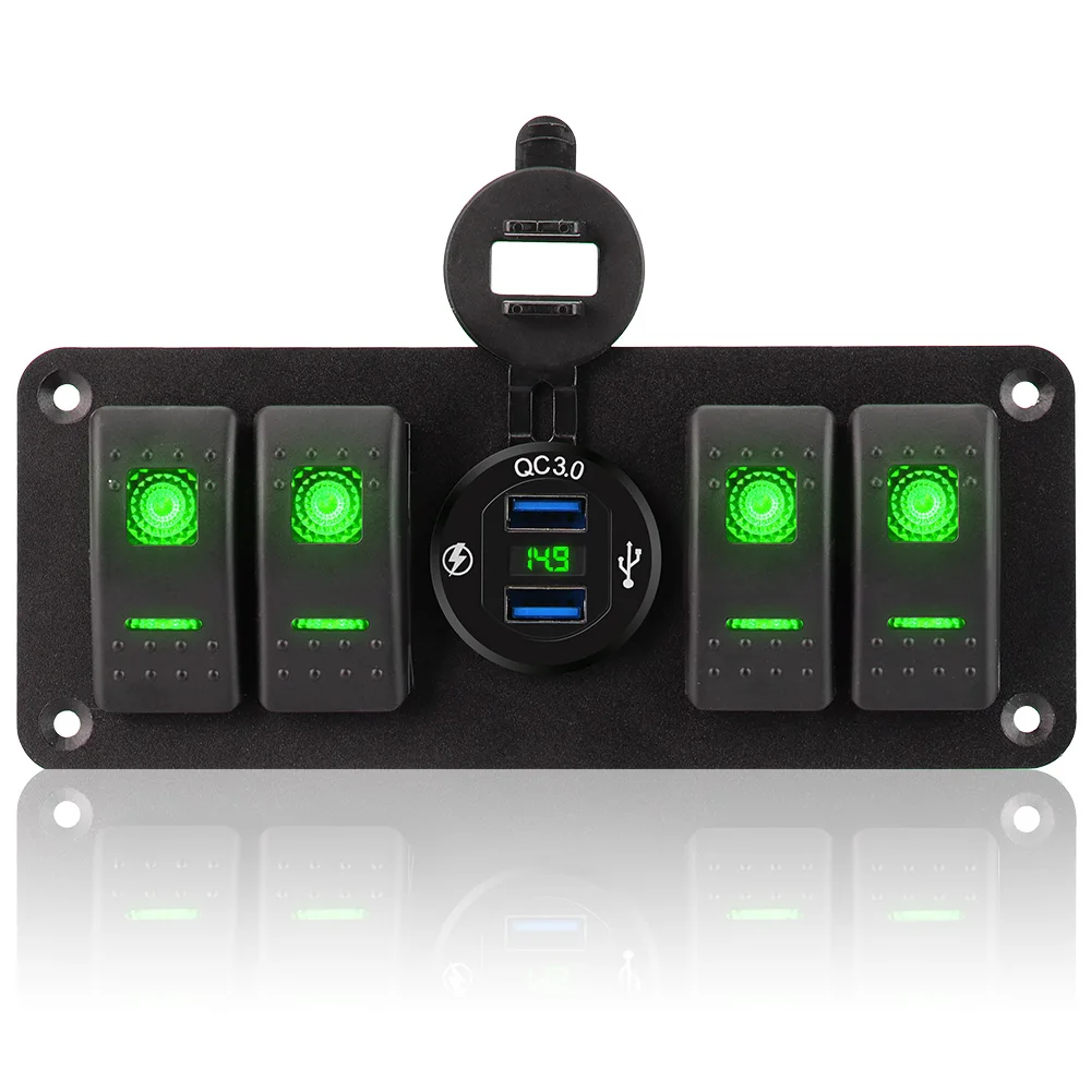 Marine Rocker Switch Panel Waterproof Car Switch Panel 4 Gang LED Digital Voltmeter 12~24V Circuit Control