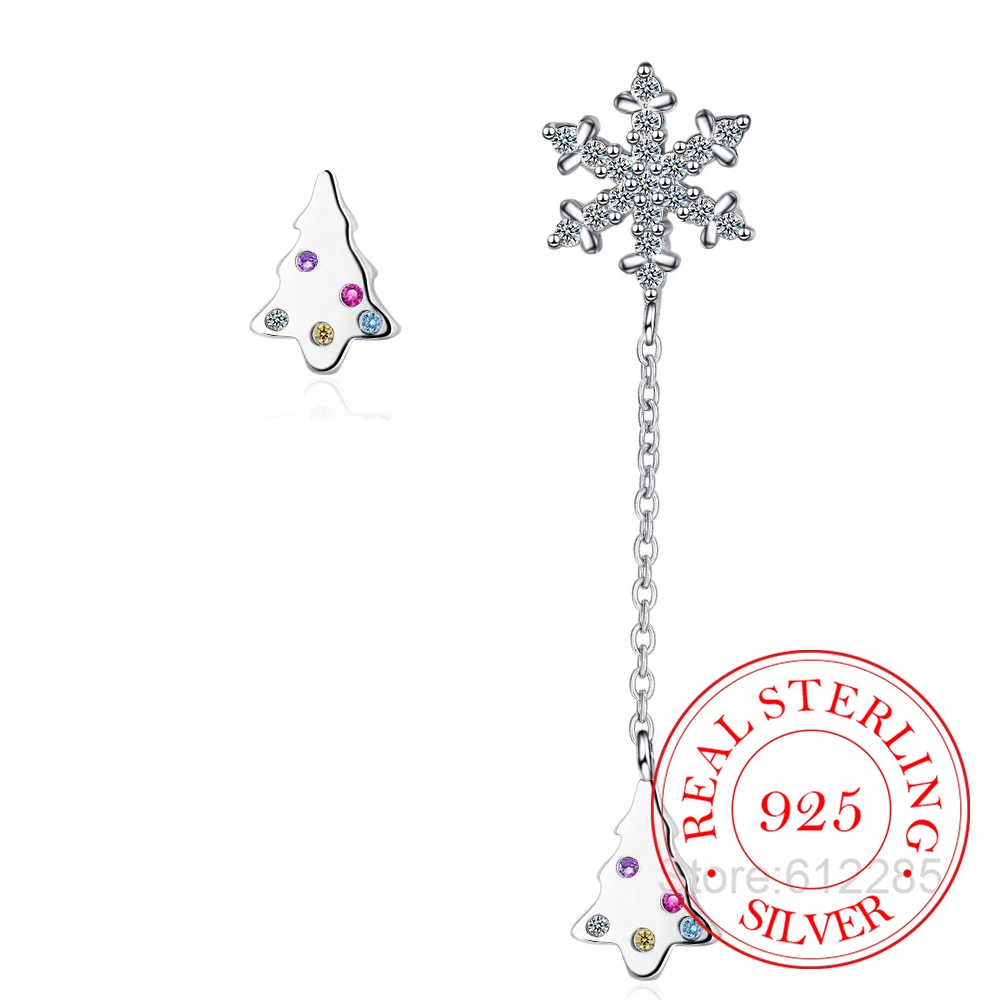 Echtes 925 Sterling Silber Asymmetrische Ohrringe für Frauen Charme Weihnachten Baum Lange Quaste Schneeflocke Kristall Baumeln Ohrring
