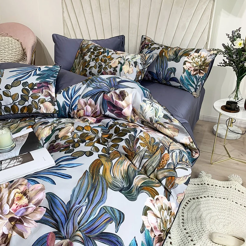 Tropical Leaves Flowers Duvet cover set Silky Soft 100%Egyptian Cotton Bedding set Queen King Bed sheet Quilt Cover Pillowcases