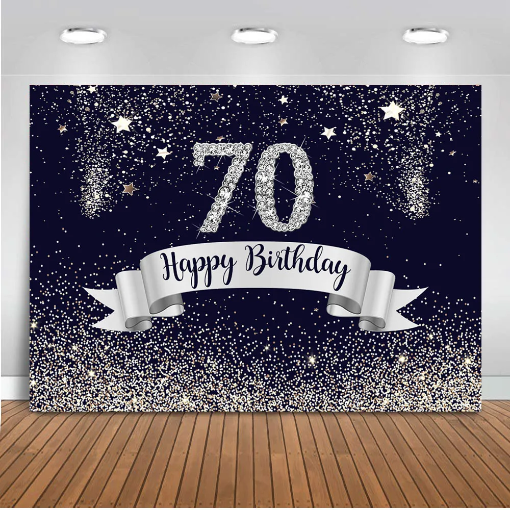 

Navy blue 70th birthday background for party decoration Sliver glitter backdrop for photography studio customize backdrops vinyl