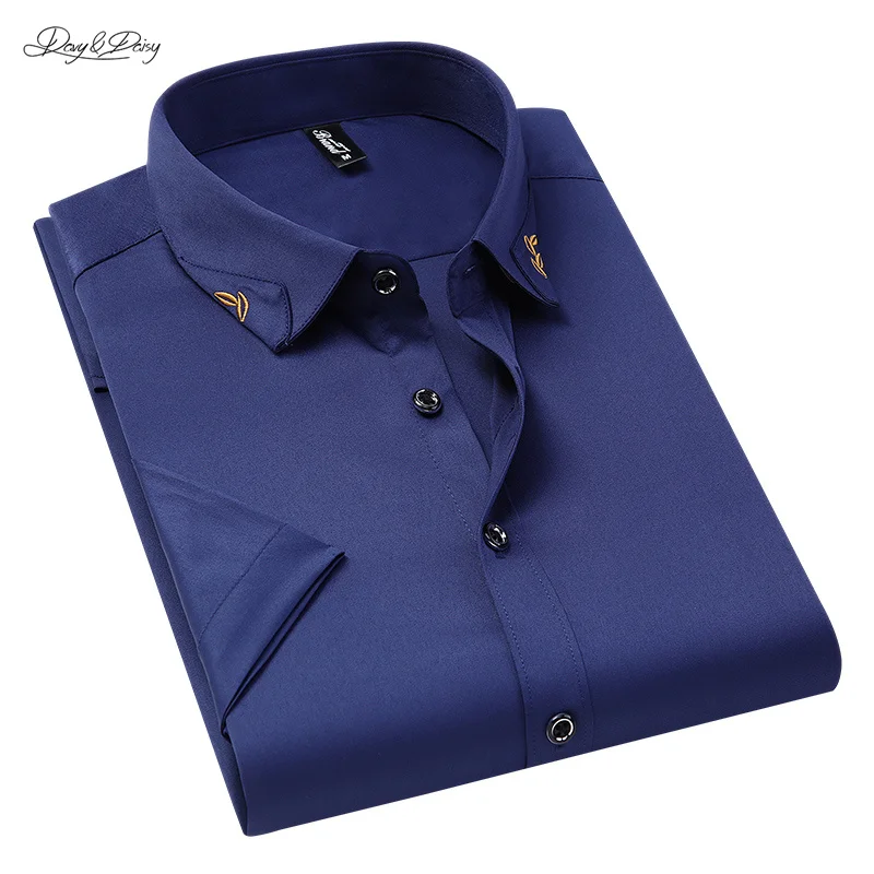 

2021 New Men Shirt Summer Short Sleeve No-Iron Dress Solid Color Turn-Down Collar With Emboridery Regular Fit DA458