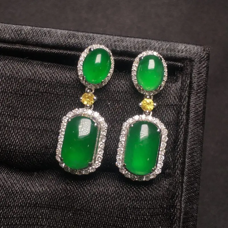 New silver inlaid full diamond natural square green chalcedony earrings exquisite temperament luxury ladies brand jewelry