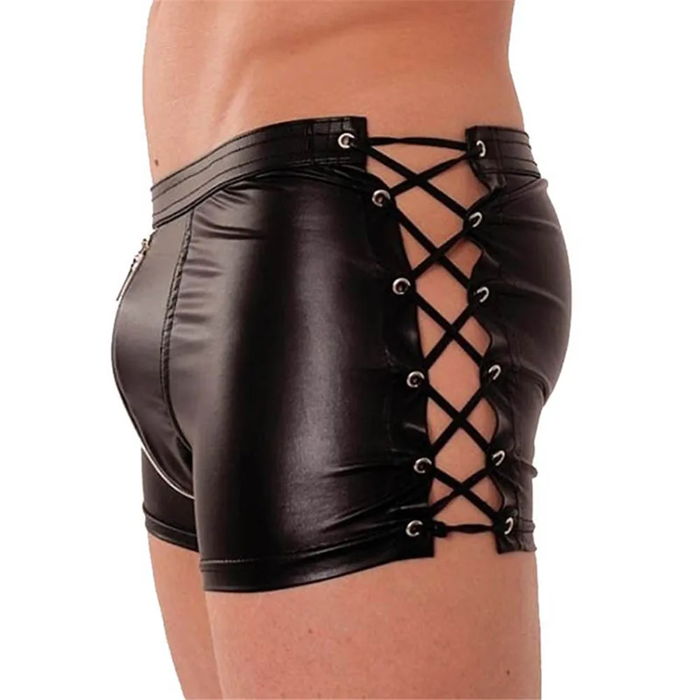 

Sexy COCK Ring Plus Size Zipper Open Crotch Boxers PVC Leather Stage U Convex Pouch Gay Wear Jockstrap Erotic lingerie