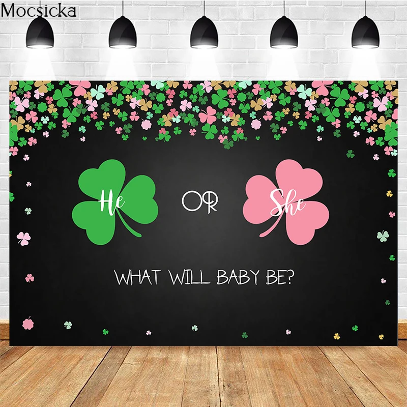 

Mocsicka Gender Reveal Photography Background Clover Decoration Props Boy Girl Child Portrait Studio Photo Backdrop Banner