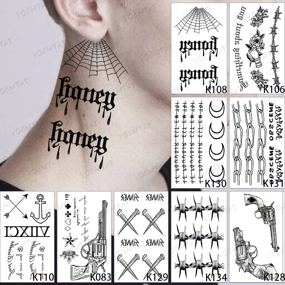 Autocollant de tatouage temporaire imperméable, 9 pièces/lot, faux tatouage 3D homme, serpent noir, démon, pistolet, papillon, Flash, femme, poignet, Art corporel