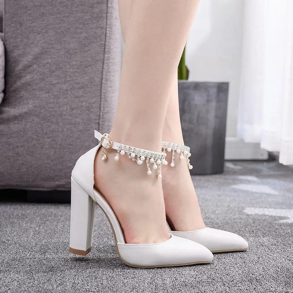 Crystal Queen Buckle Strap Woman Wedding Shoes Heels Sandals Pearl Rhinestone Ladies Sexy White Platform Pumps