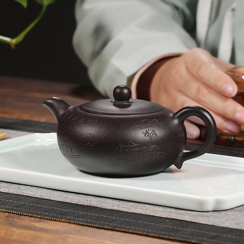 

|Through the ages yixing are recommended by pure manual teapot kung fu tea set suit black gold sand flat jade