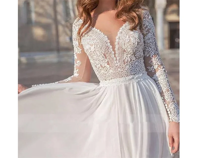 #11218 Bohemian Beach Long Sleeve V-Neck Sheer Back Floor Length  Lace Applique Chiffon Wedding Dress Bridal Gowns Evening Dress