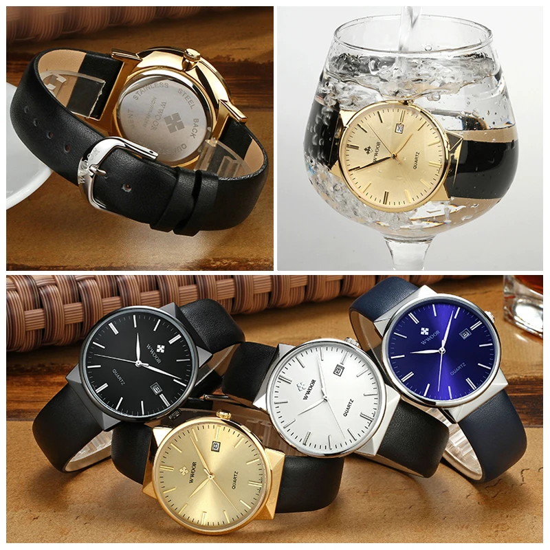 WWOOR Men's Watches Top Brand Luxury Waterproof Genuine Leather Wrist Watch Men Classic Gold Black Date Quartz Watch saat erkek