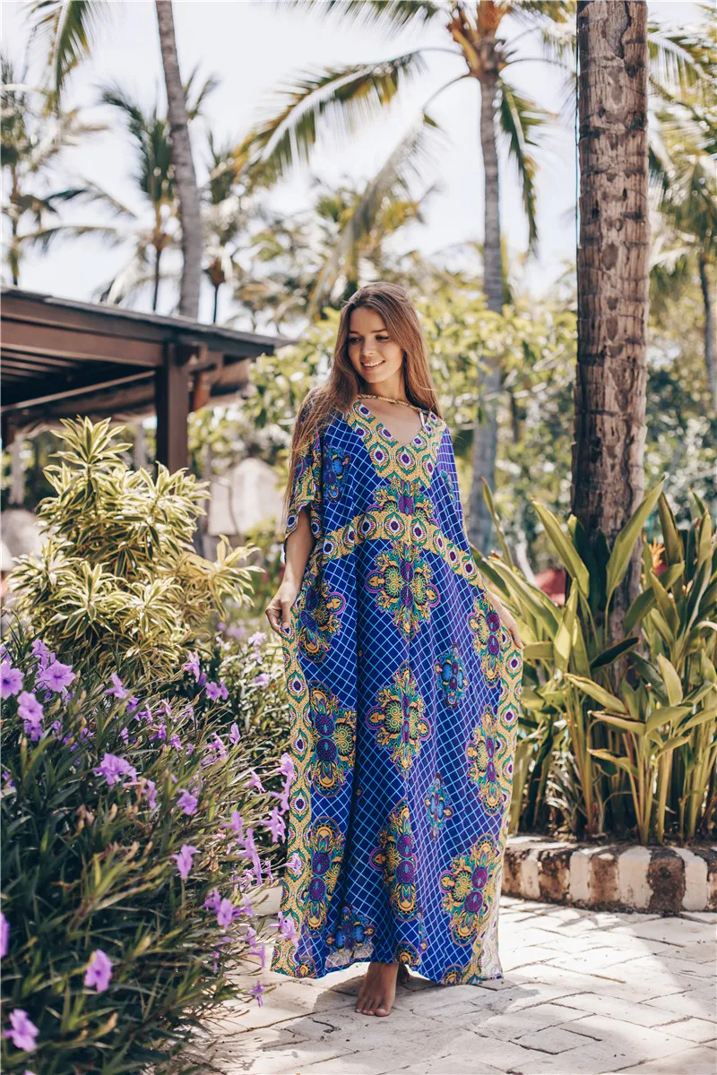 Bohemian In Hình Cổ Chữ V Rời Đi Biển Mùa Hè Đầm Cotton Áo Thun Nữ Đi Biển Quần Bơi Che Áo Dây De Plage