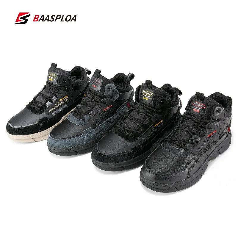 Baasploa Men Winter Cotton-padd Shoes Warm Walking Shoes Leather Comfortable Waterproof Outdoor Sneakers Non-Slip Wear-Resistant