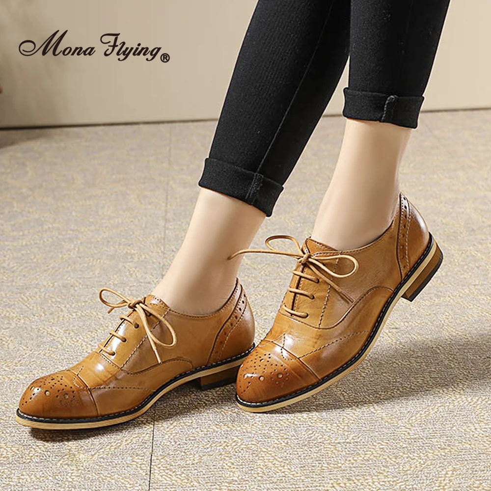 

Mona Flying Women Leather Oxfords Wingtips Comfort Handmade Brogue Lace-up Dress Flat Retro Classic Ladies Shoes FLX20-2