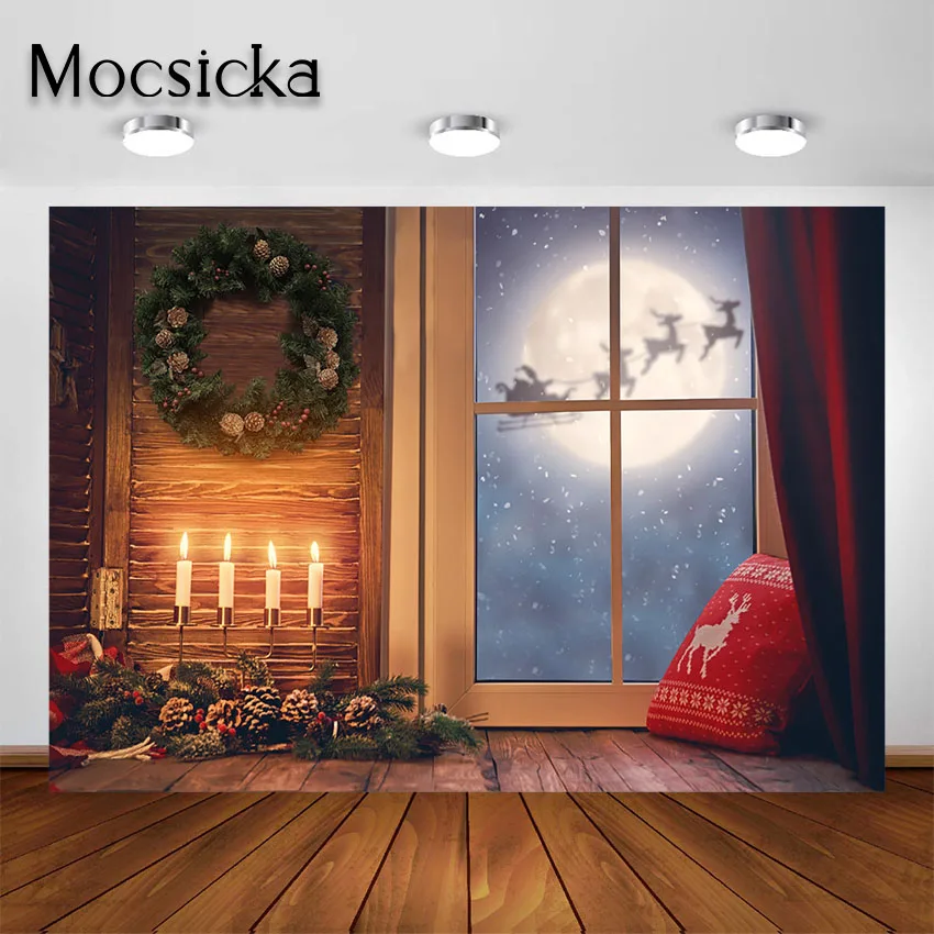 

Mocsicka Christmas Backdrop for Photography Reindeer Winter Night Sky Xmas Light Moon Background for Studio Photo Shoot