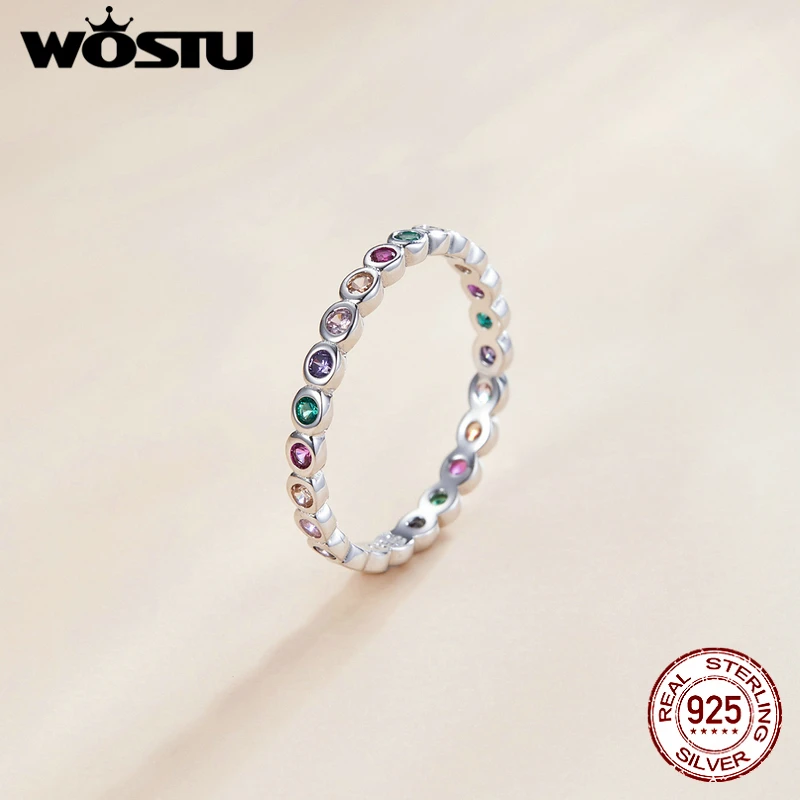 WOSTU Genuine 100% 925 Sterling Silver Glitter Stackable Circle Finger Rings For Women Engagement Wedding Round Fine Jewelry
