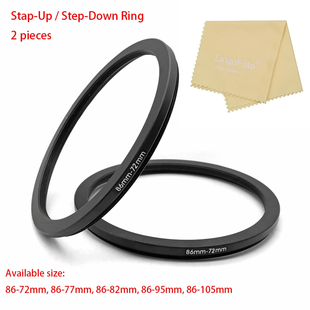 2ชิ้น Step Up/ขั้นตอนลงแหวนกรองอะแดปเตอร์แหวนผ้าทำความสะอาดเลนส์,86มม.-72มม.,86มม.-77มม.,86มม.-82มม.86มม.-95มม.,86มม.-105มม.
