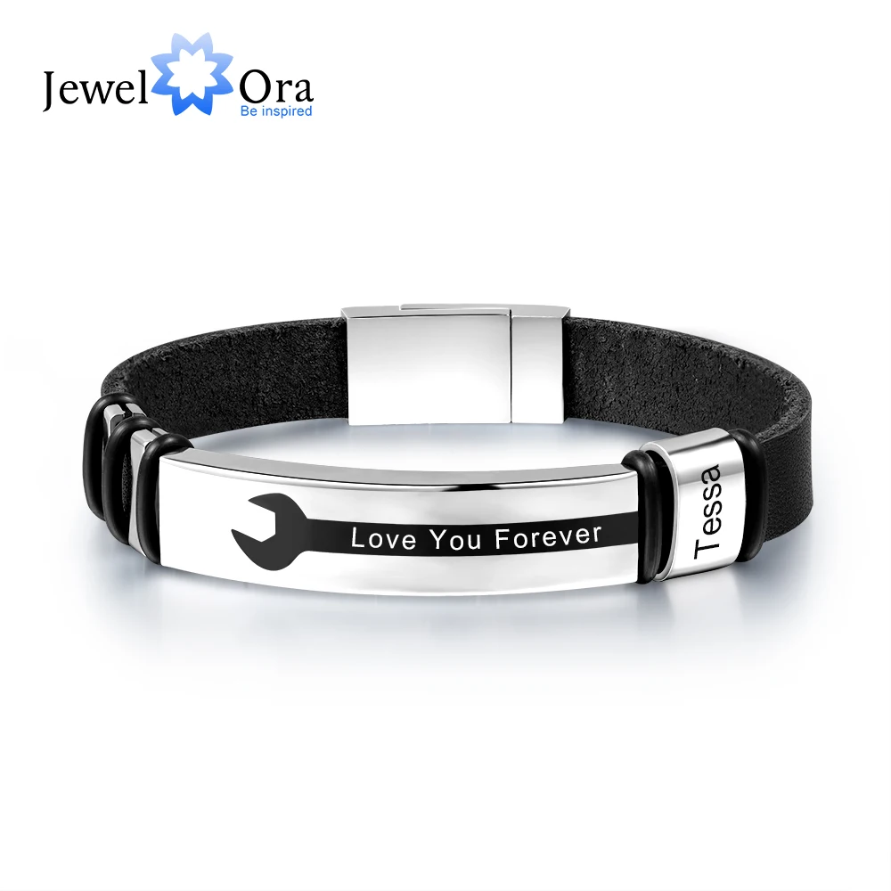 Personalized Engraved Name Black PU Leather Bracelets for Men Stainless Steel Vintage Wrench Bracelet Custom Jewely for Father