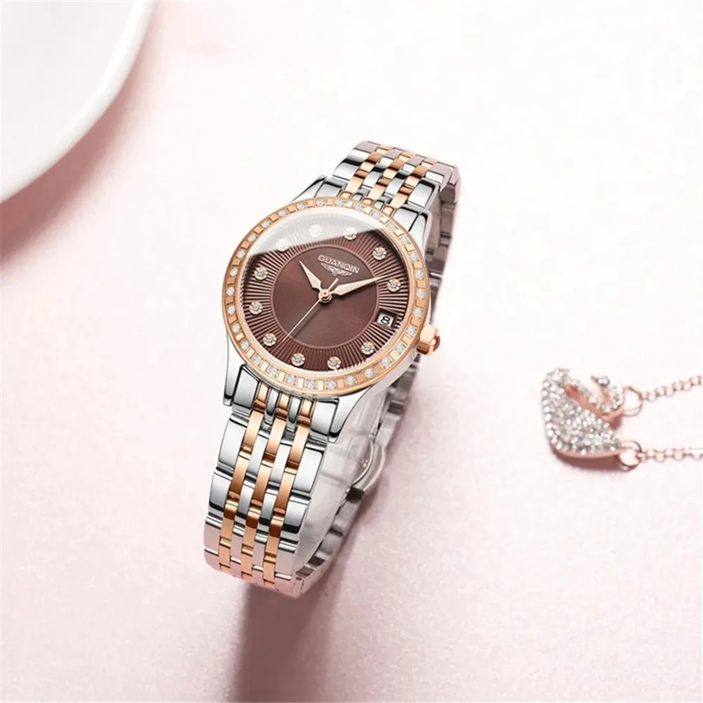 GUANQIN Women Luminous Date Automatic Self-Wind Mechanical Wrist Watch Luxury Steel Rhinestone Waterproof Top Brand Wristwatch
