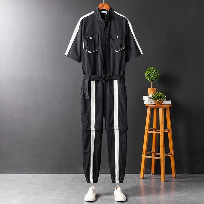 Mens Summer Short Sleeve Overalls Safari Style Straight Loose Cargo Pants Party Casual Jumpsuits Streetwear Men Bikers Rompers