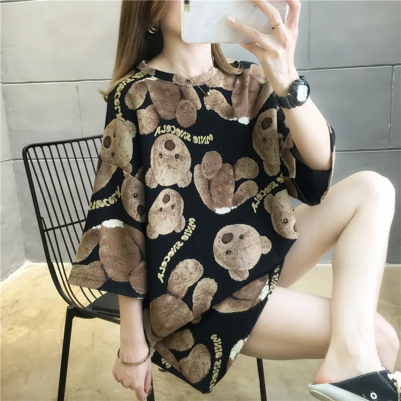 Summer Harajuku Women T-shirt Half Sleeves Cartoon Bear Loose Tops Tide High Street Cotton Tshirt Large Size Tees NS4523