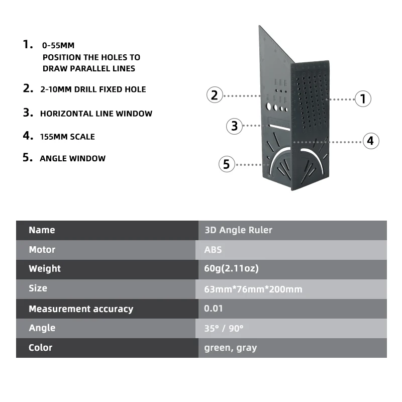 VVOSAI Wood Working Ruler Multifunctional Angle Ruler 3D Mitre Angle Measuring Gauge Square Size Marking Gauging Carpenter Tool