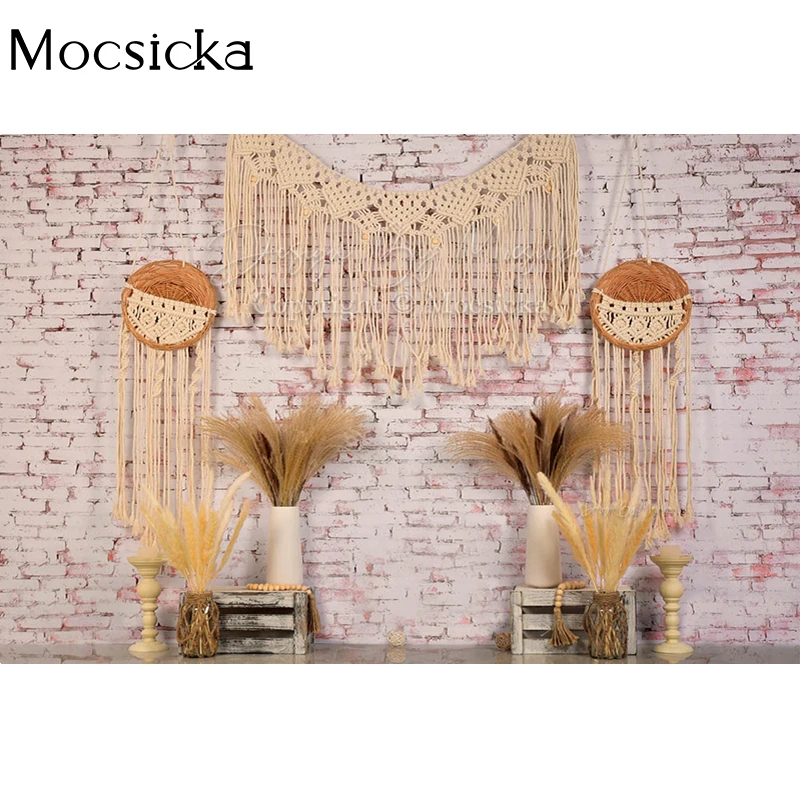 Mocsicka Boho Style Photography Background Reed White Brick Wall Decoration Props Child Birthday Portrait Photo Backdrop Banner
