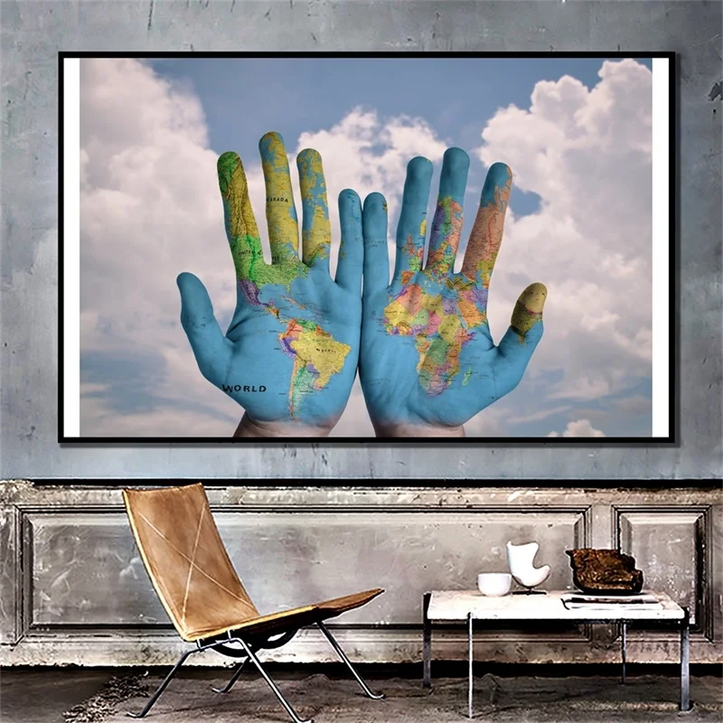 225*150Cm De Wereldkaart Hand Vorm Kaart Non-woven Canvas Schilderij Wall Art Poster Creatieve Prints klaslokaal Levert