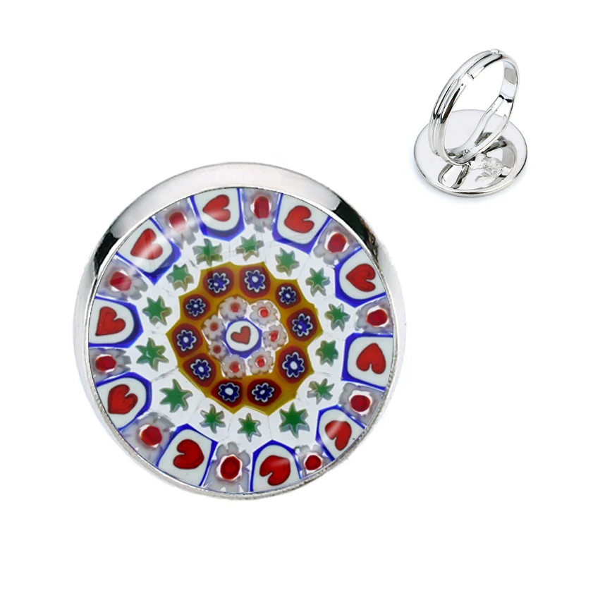 Tree Of Life Adjustable Ring Murano Millefiori 16mm Glass Cabochon Rings Jewelry For Women Girls Gift Wholesale