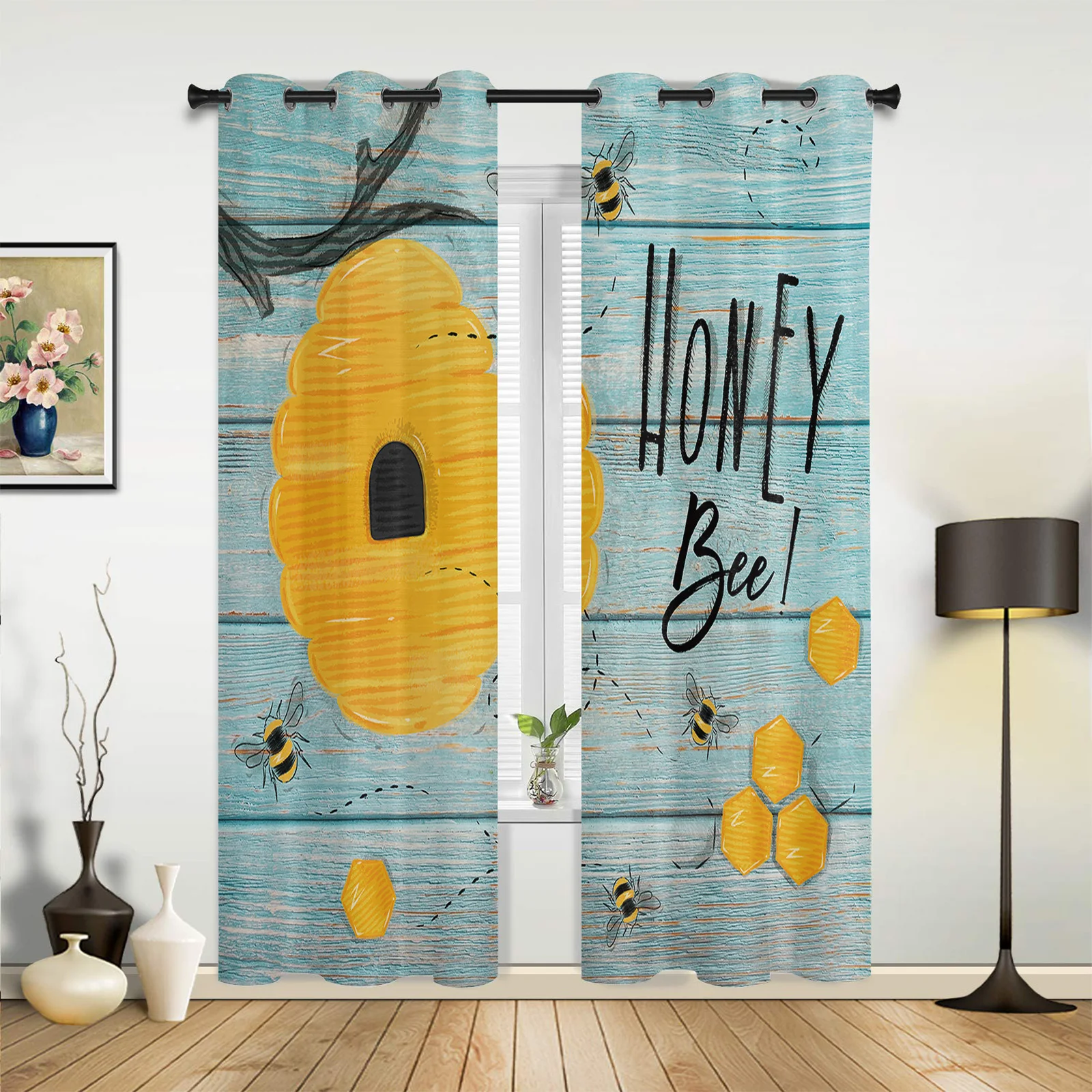 Bee Honey Wood Texture Large Curtains For Living Room Window Curtain Bedroom Kitchen Balcony Gazebo Curtain Room Divider