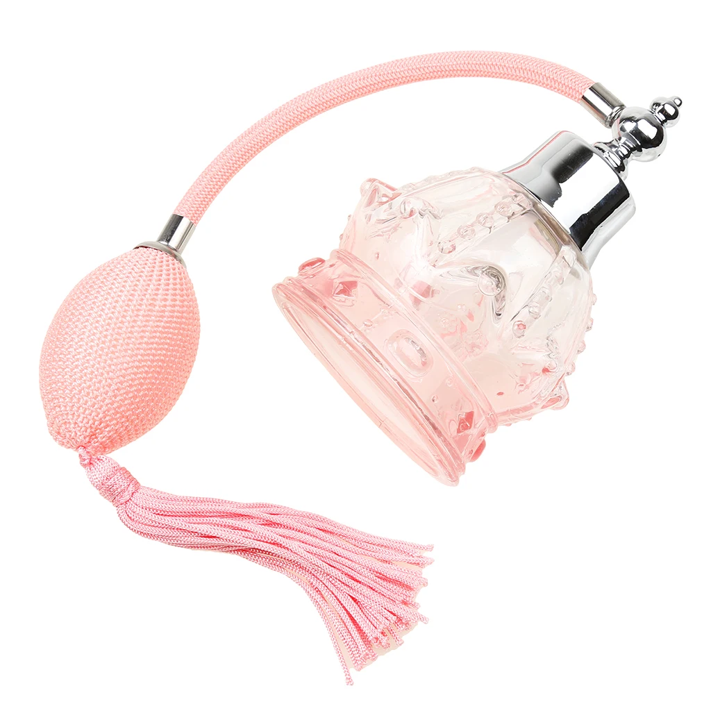 Vintage Crystal Perfume Bottle Long Bulb Tassel Spray Atomizer 100ml - Pink