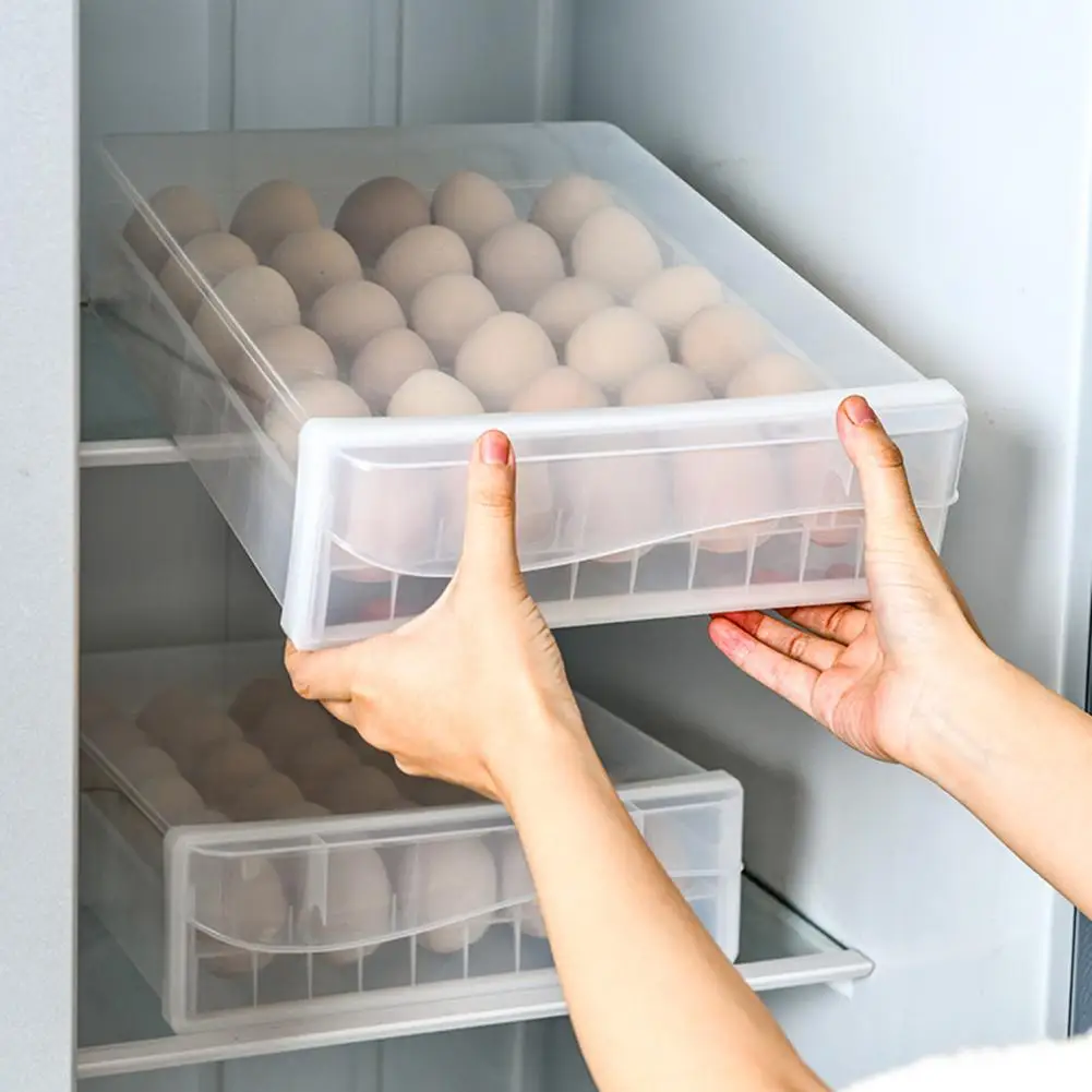 Single-Layer 30 Grid Egg Storage Rack Transparent Anti-collision With Lid And Drawer Stackable Kitchen Refrigerator Storage Box