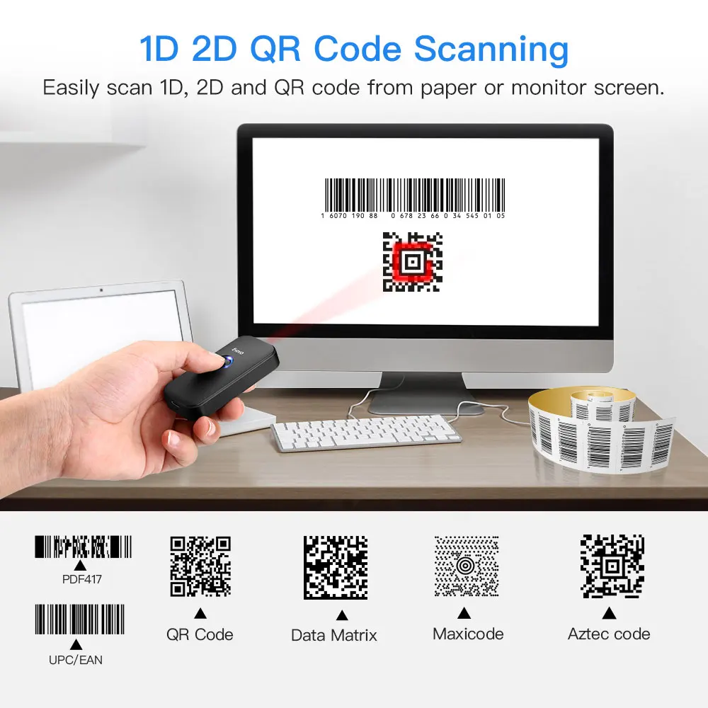 EYOYO 009 Bluetooth 2D Barcode Scanner Pocket Wireless QR Reader Data Matrix PDF417 IOS Android Windows