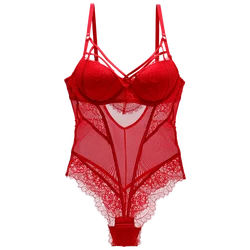 Bodysuit Women Push Up Red Strappy Cup Eyelash Lace Floral Pattern Padded Underwire Lingerie Women Shapewear High Quality