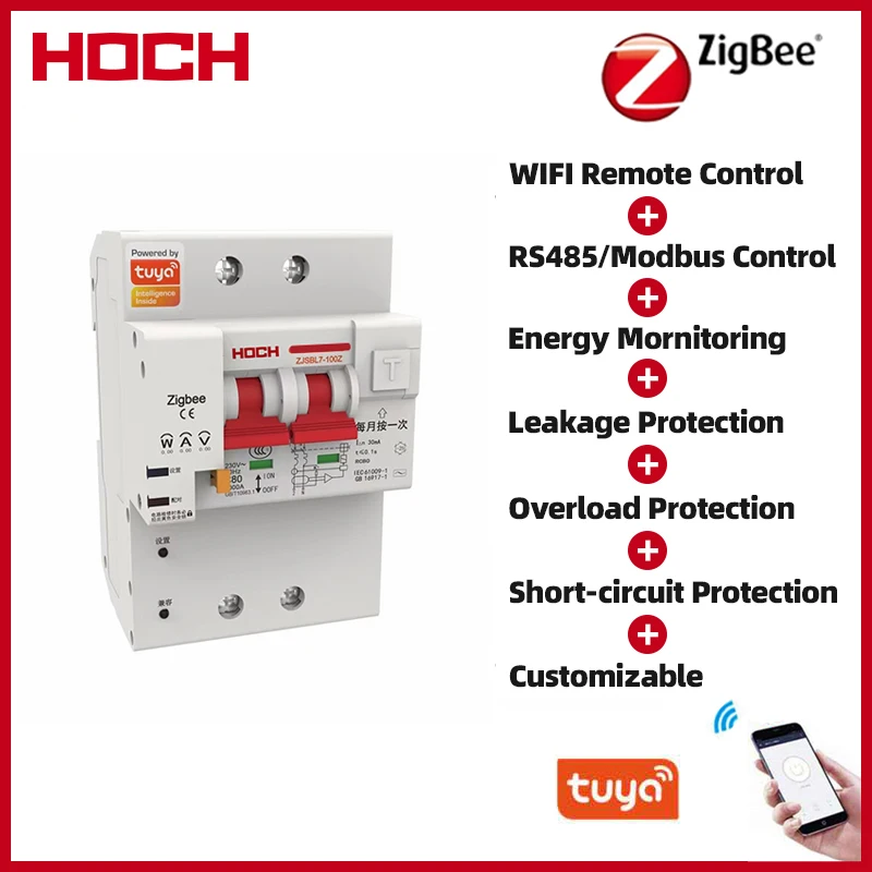 HOCH Tuya Zigbee Energy Monitoring 2P Smart RCBO Remote Control Din Rail  Timer Automatic Interruptor WIFI Breaker Factory