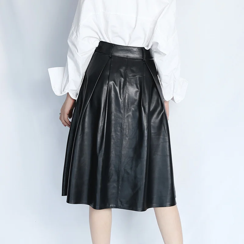 Sheepskin Elegant Real Leather Skirts Women Loose Single Breasted Mid Skirts Vintage High Waist Office Lady Pleated Skirt